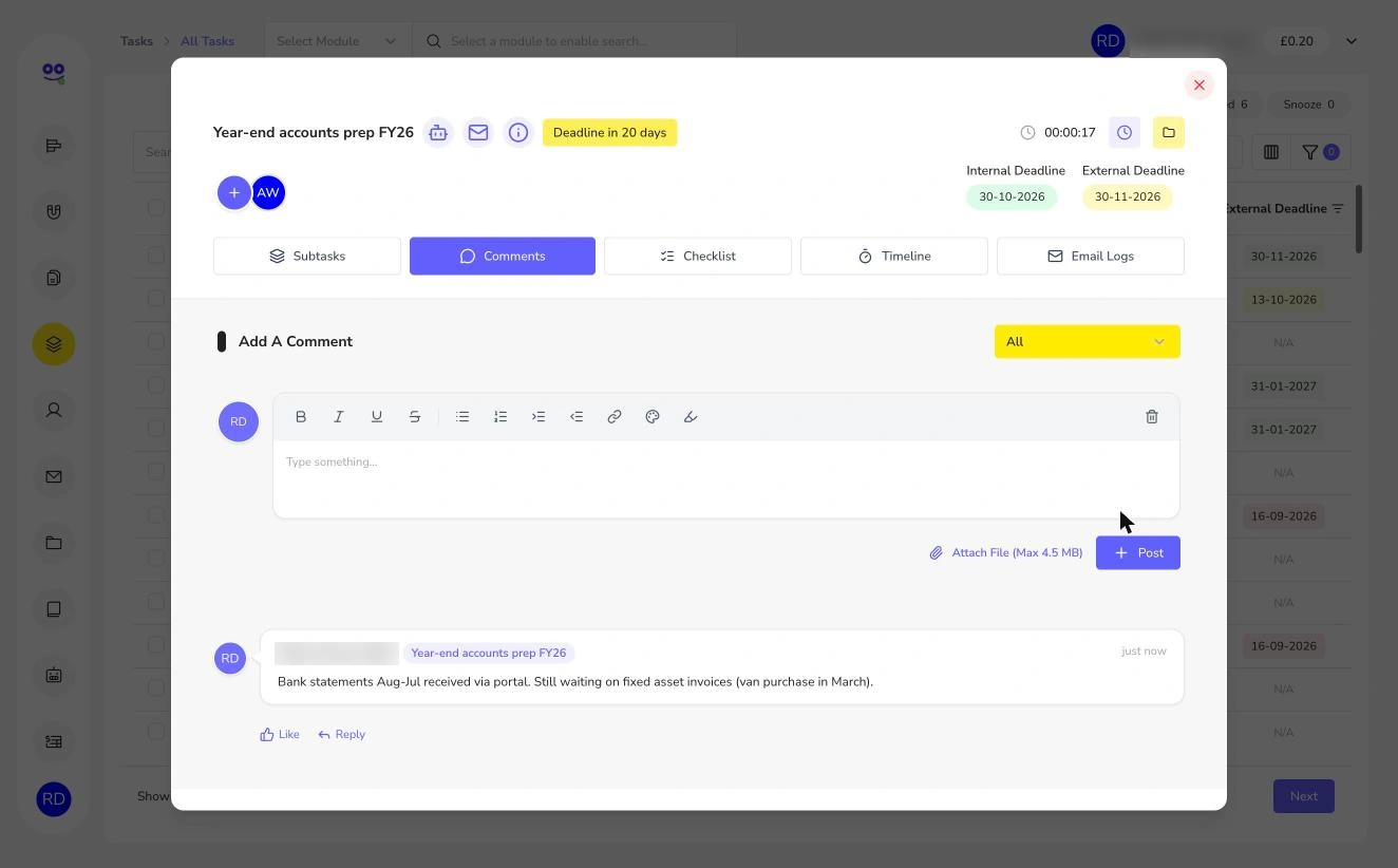 Task comments with posted note about bank statements