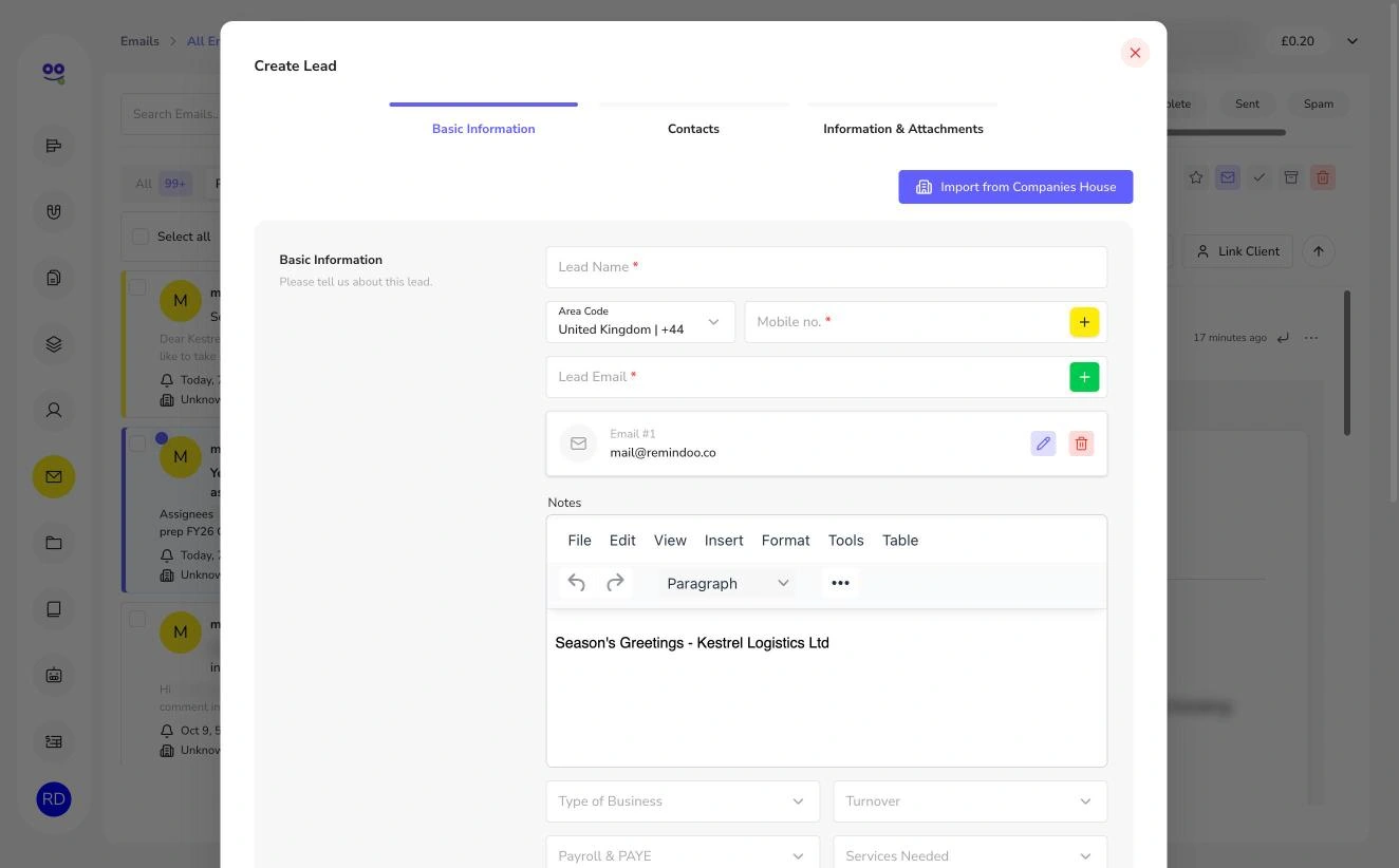 Create lead form pre-filled from an email