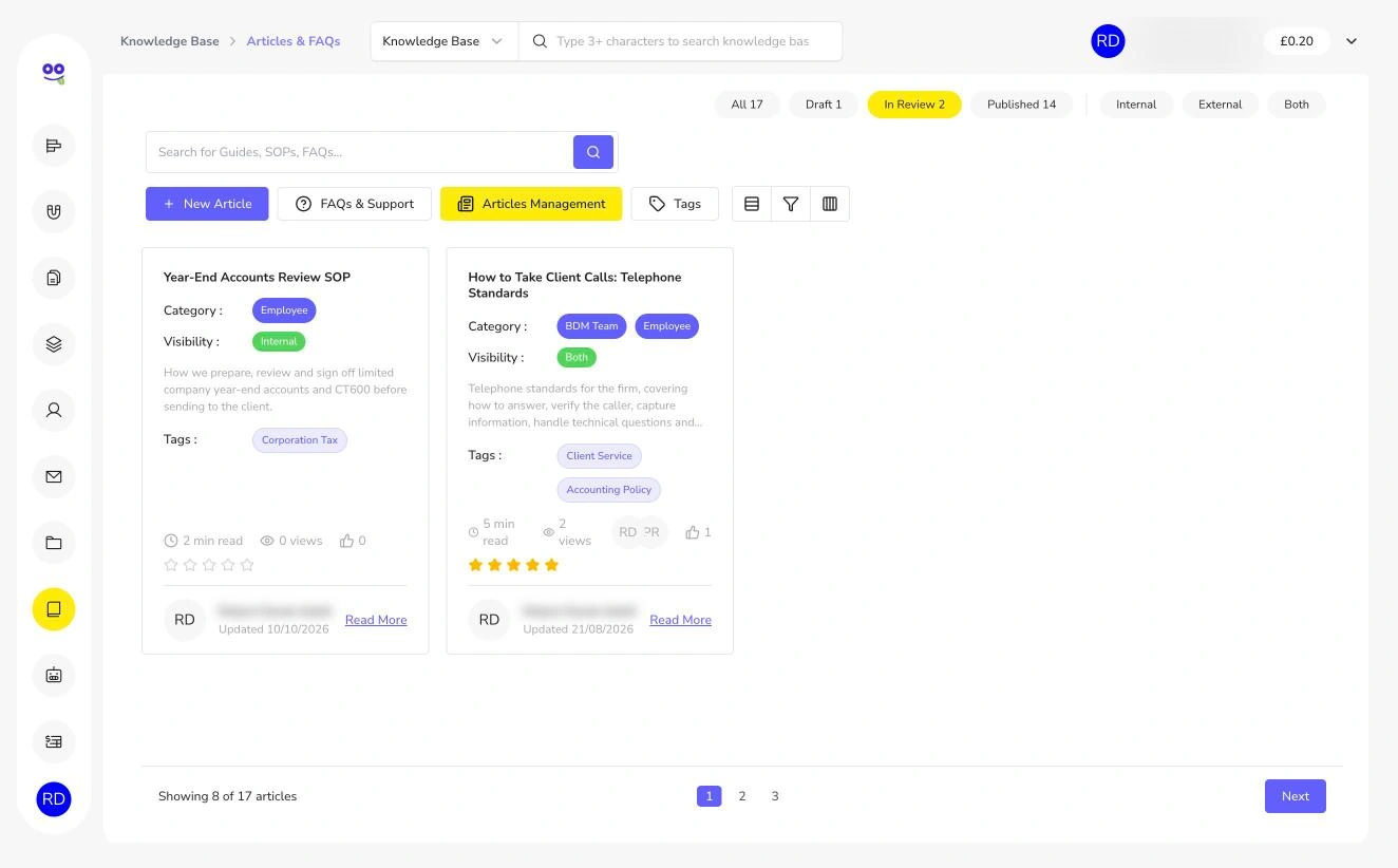 Knowledge base filtered to in review articles