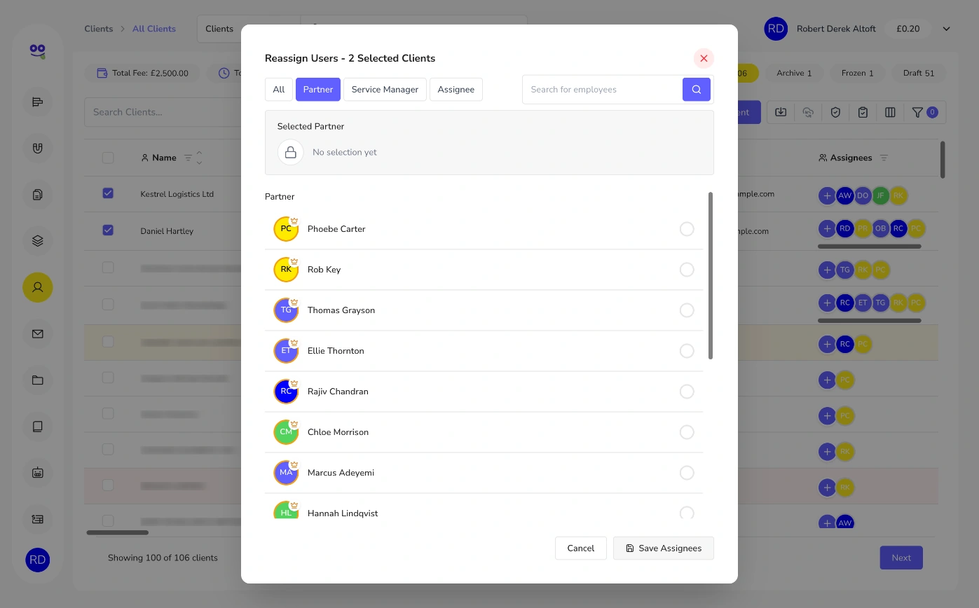 Bulk reassign in Remindoo: Reassign users dialog for two selected clients with partner tab