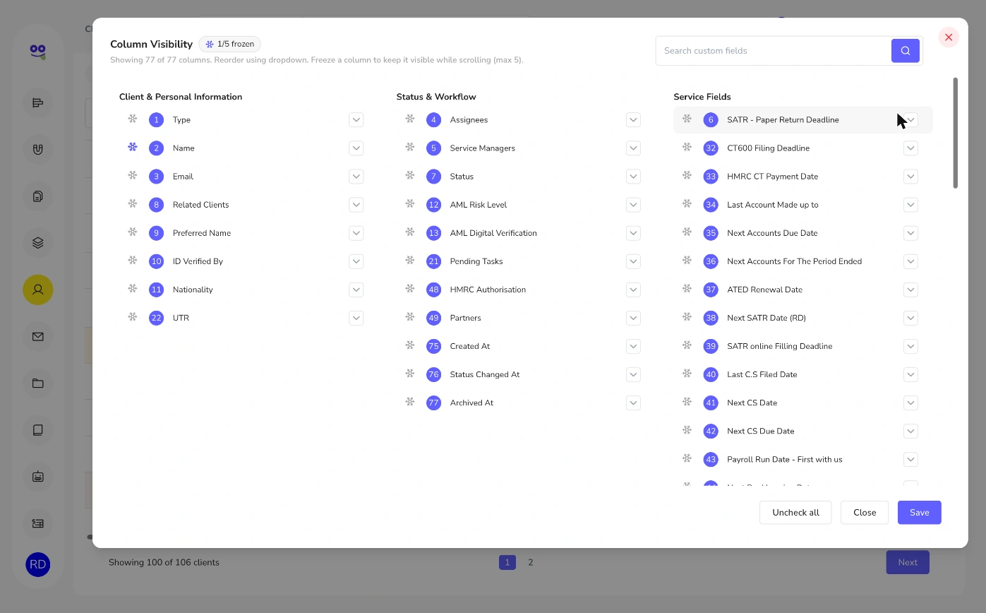 Column visibility panel with client, workflow and service field columns and freeze options