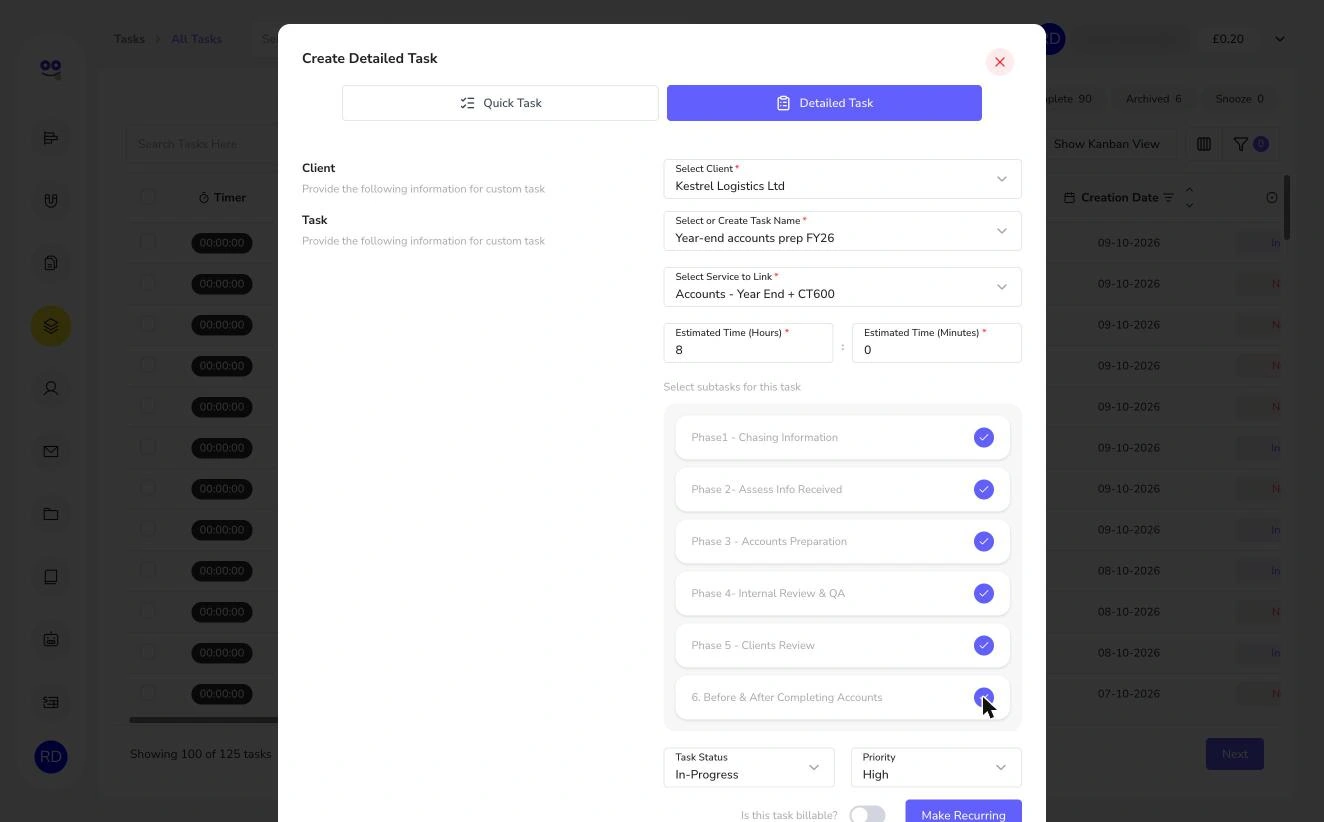 Create task from client in Remindoo: Create Detailed Task with client, service, estimated time and six selected subtasks
