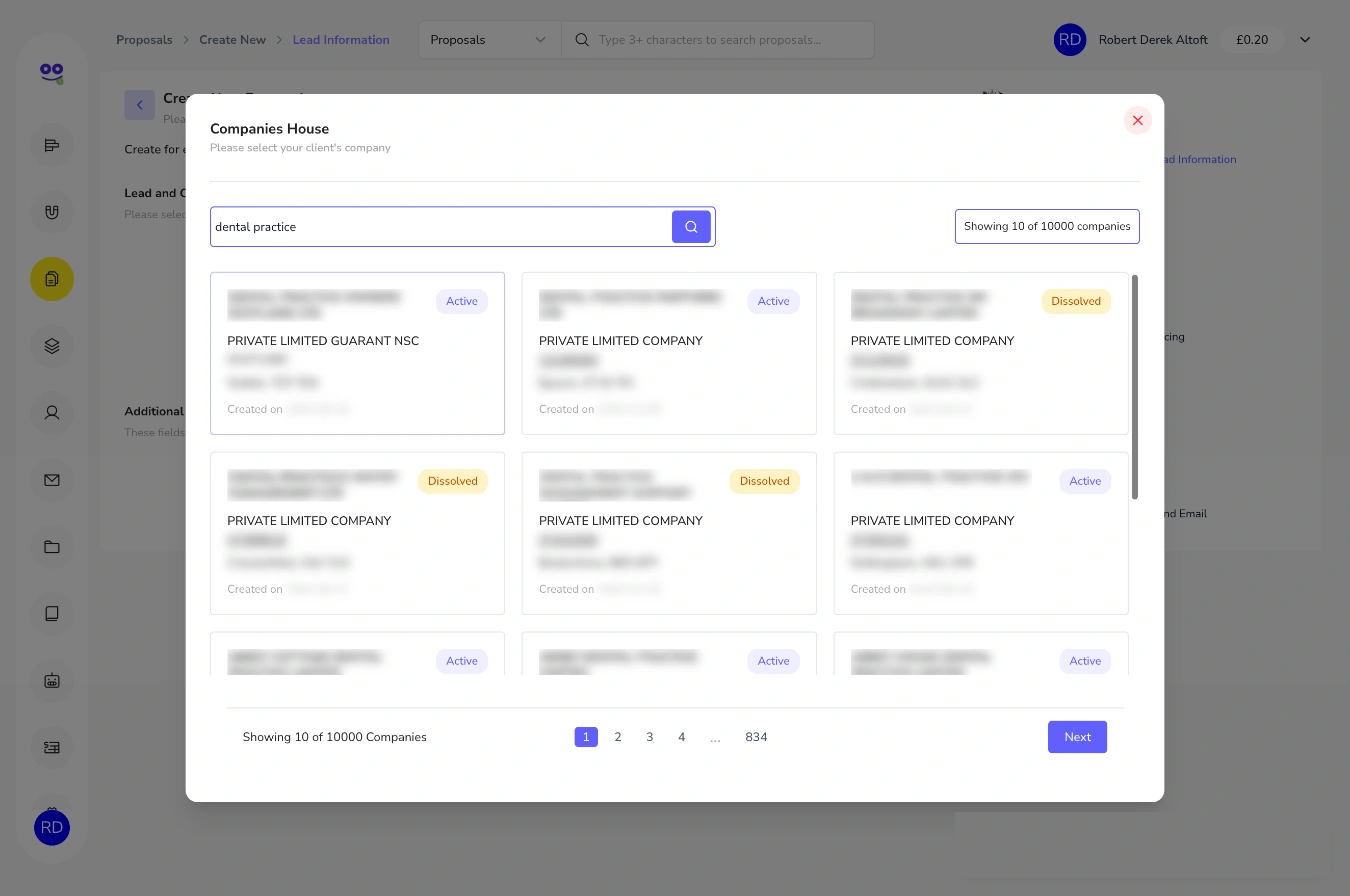 Companies House search results inside the Remindoo new proposal screen