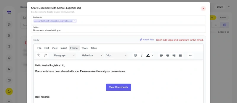 Share document email with view documents button