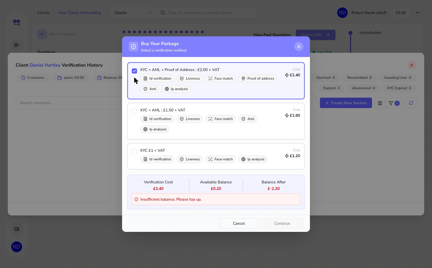 Verification packages with ID verification, liveness, face match, proof of address and AML