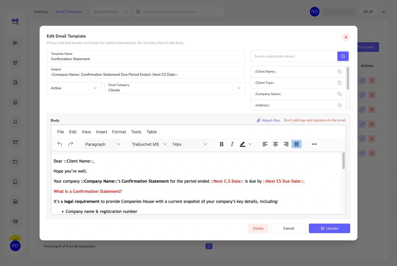 Email template editor with adjustable tokens