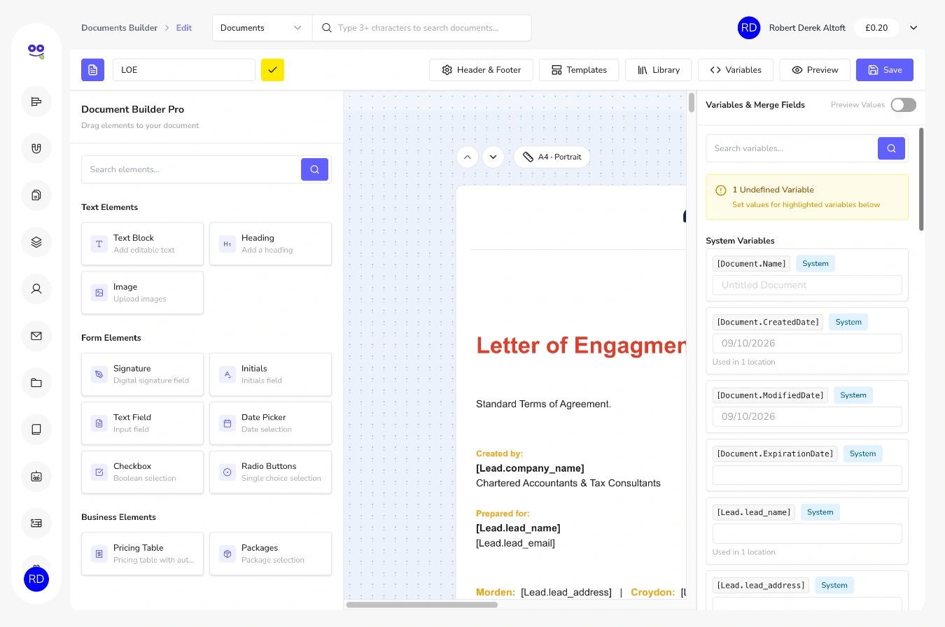 Variables and merge fields panel showing document and lead variables in an engagement letter template