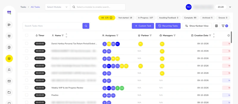 Remindoo task list with status tabs, timers, assignees, partner and managers