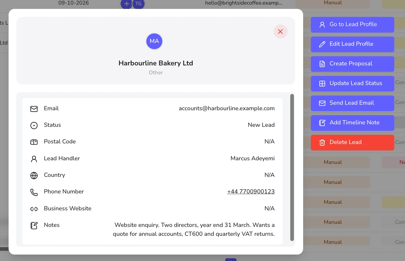 Lead quick view showing contact details, lead handler and notes with action buttons for proposal, status, email and timeline note