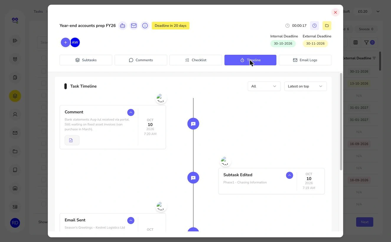 Task timeline with comment, subtask edited and email sent events
