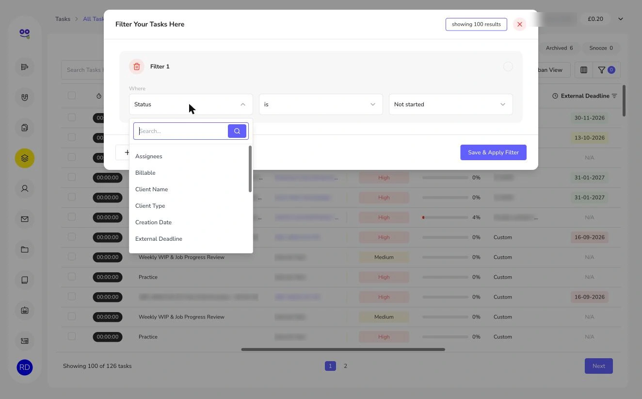Task filter field list