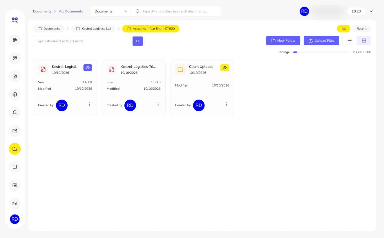 Grid view with files and a visible client uploads folder