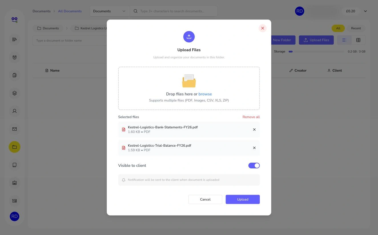 Upload files dialog with two PDFs and visible to client toggle