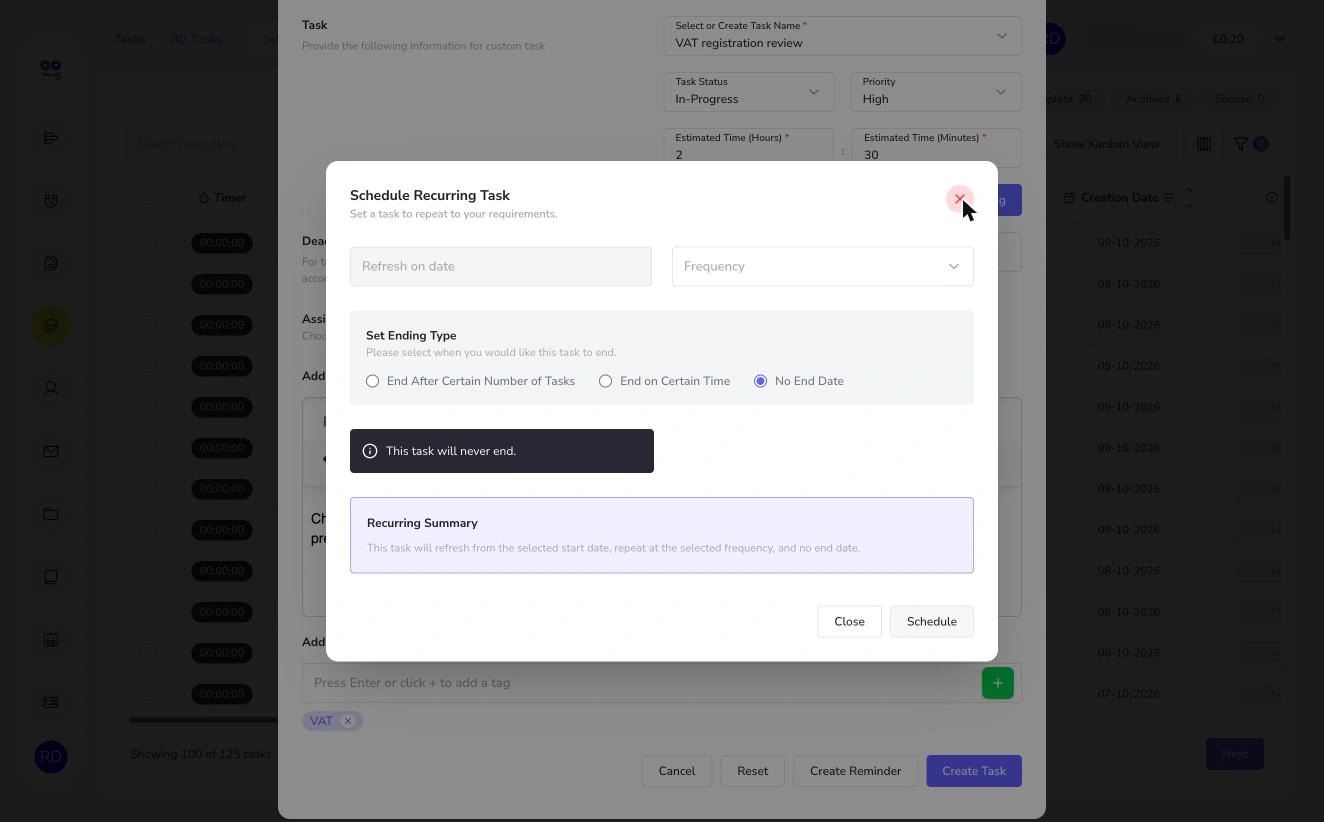 Schedule recurring task dialog with refresh date, frequency, ending type and recurring summary