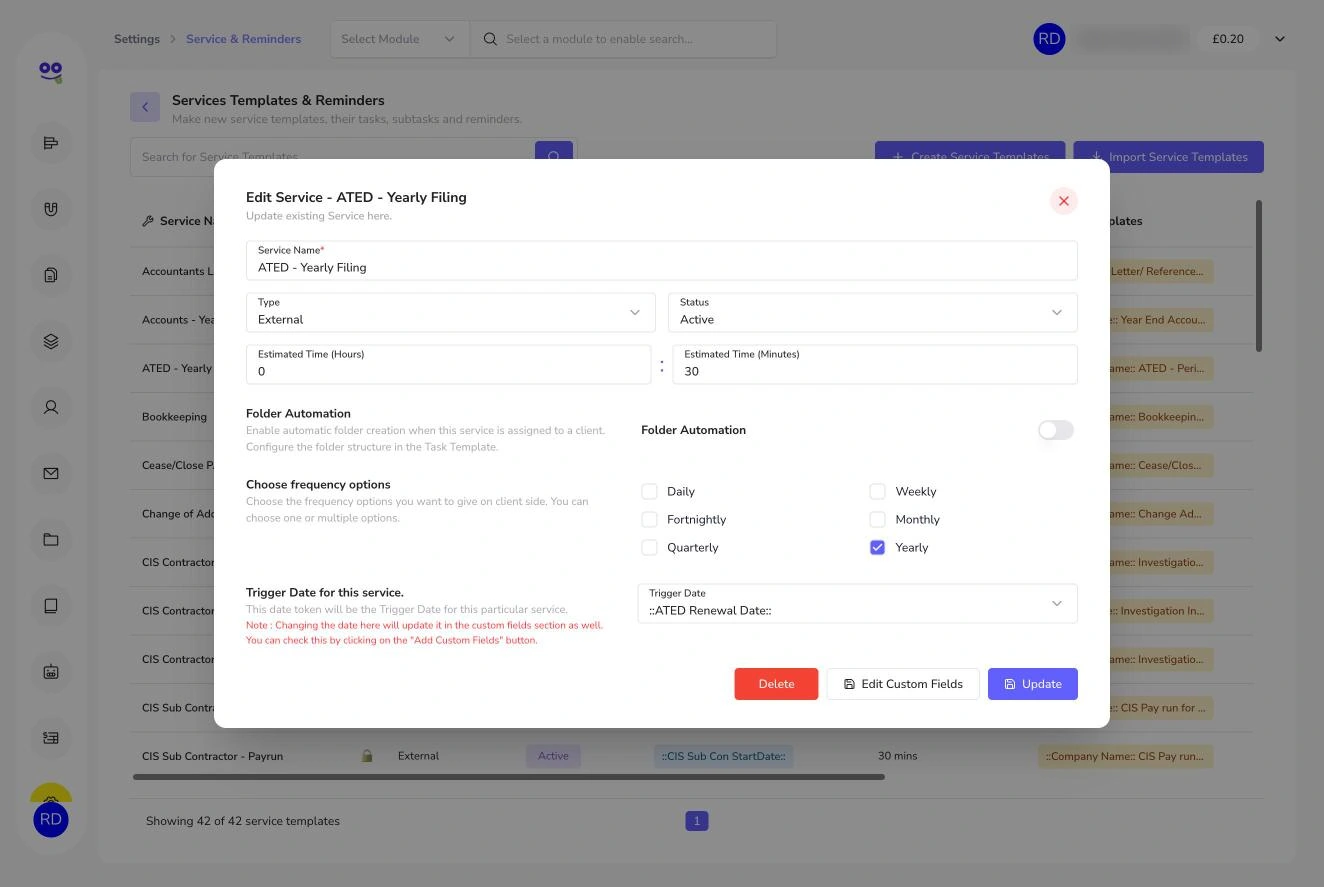 Edit service dialog with frequency options and trigger date