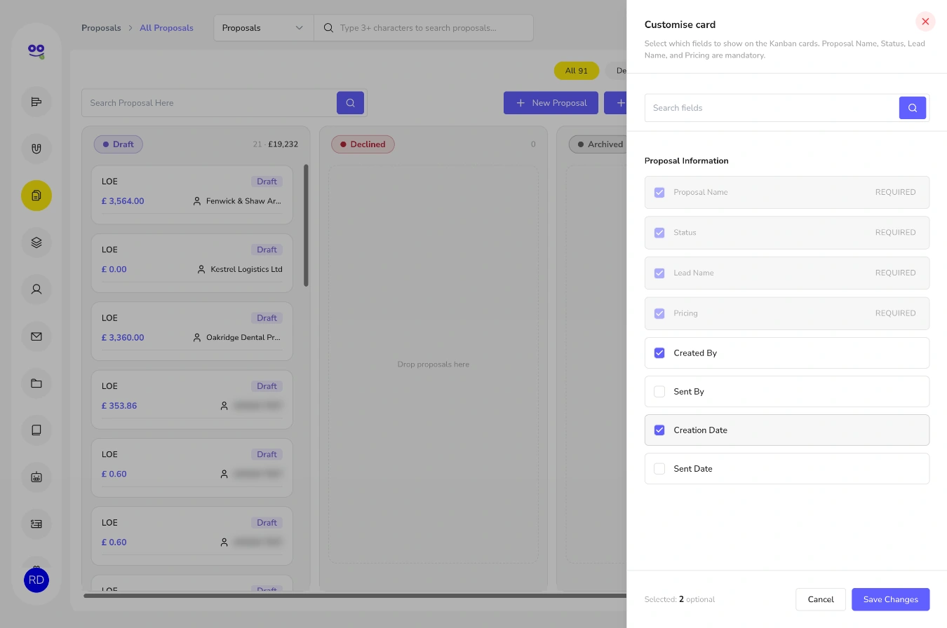 Customise card panel for proposal kanban cards with optional fields created by, sent by, creation date and sent date