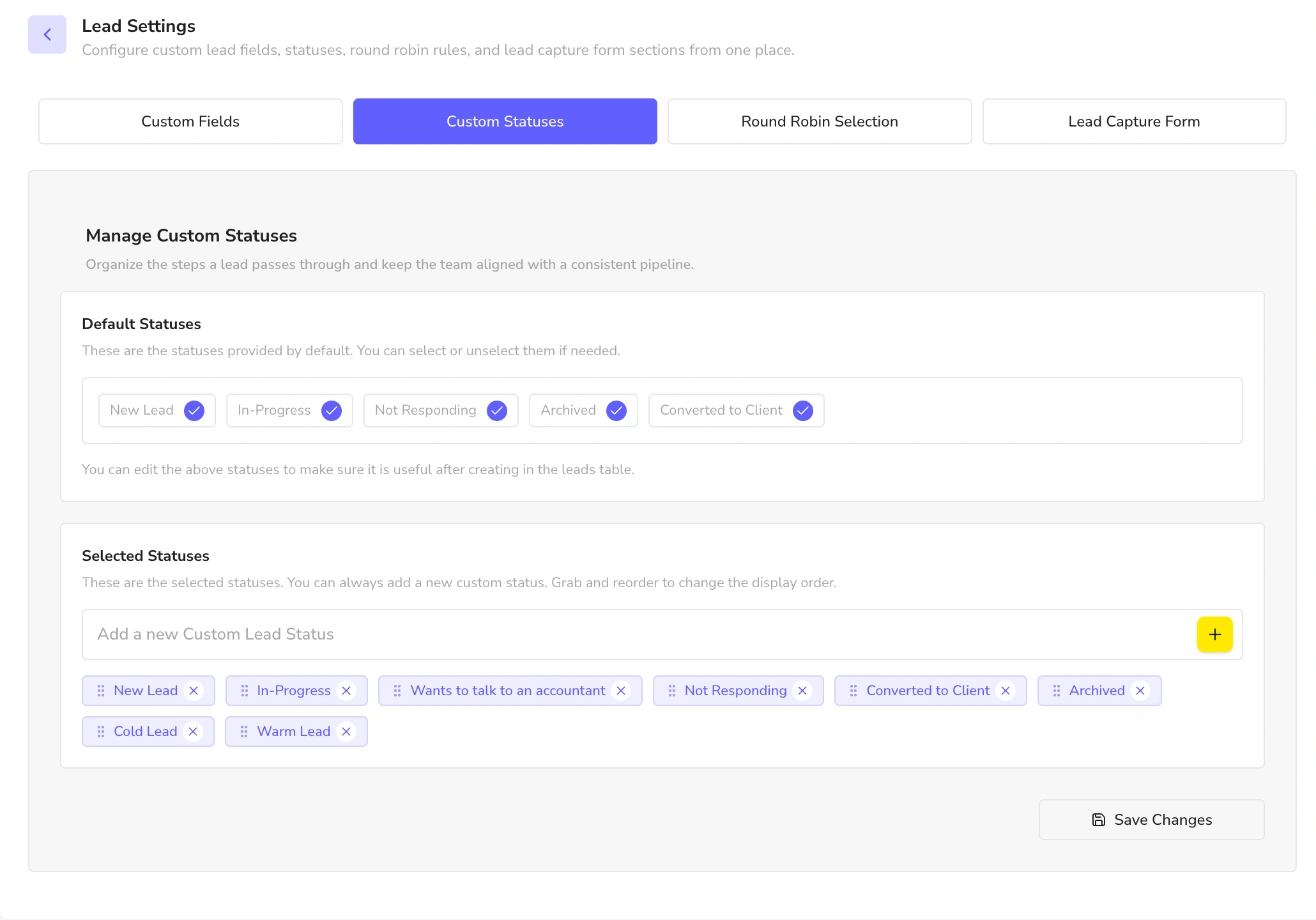 Lead settings custom statuses showing default statuses and selected statuses including Wants to talk to an accountant, Cold Lead and Warm Lead