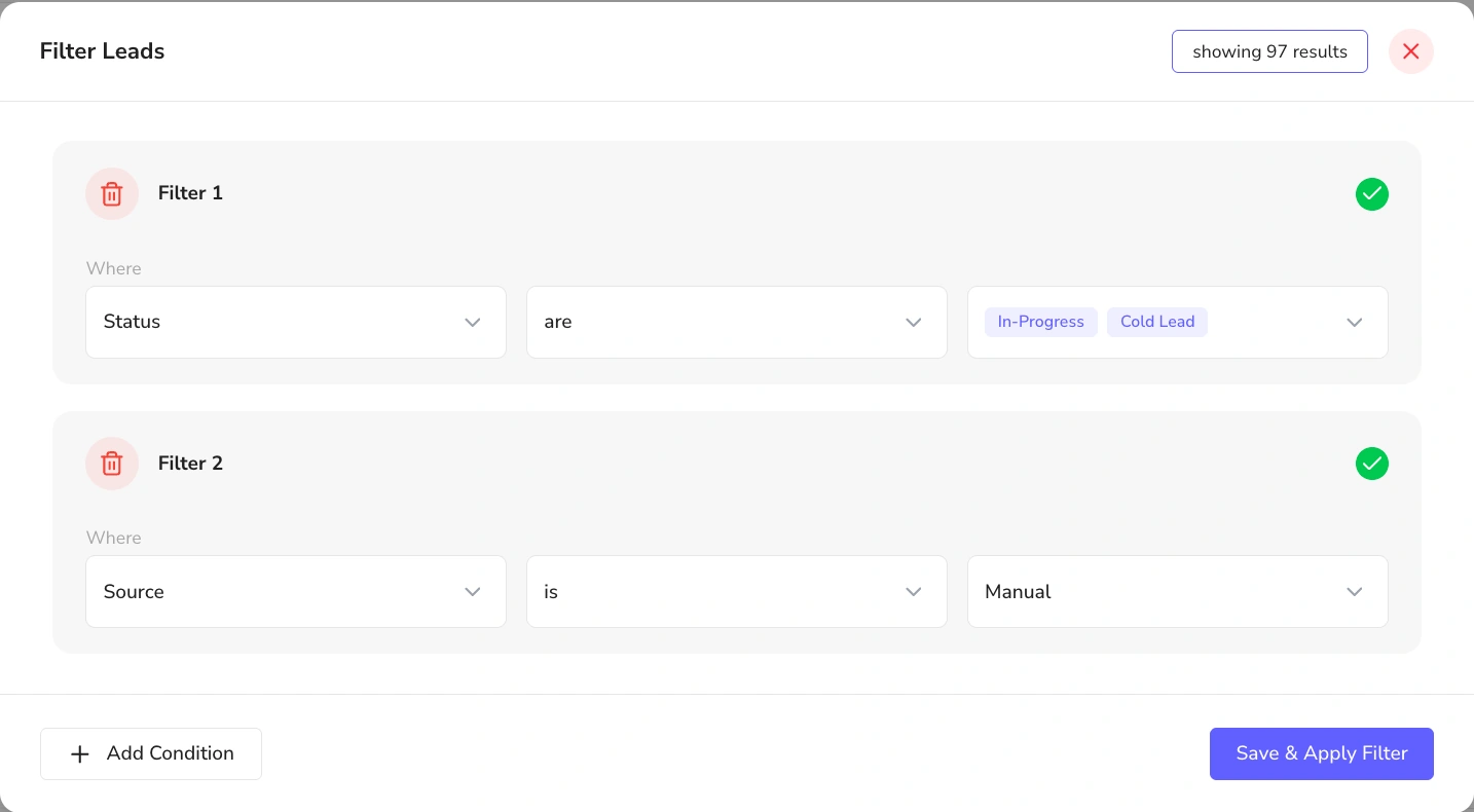 Filter leads dialog with two conditions, status in In-Progress and Cold Lead, and source is Manual