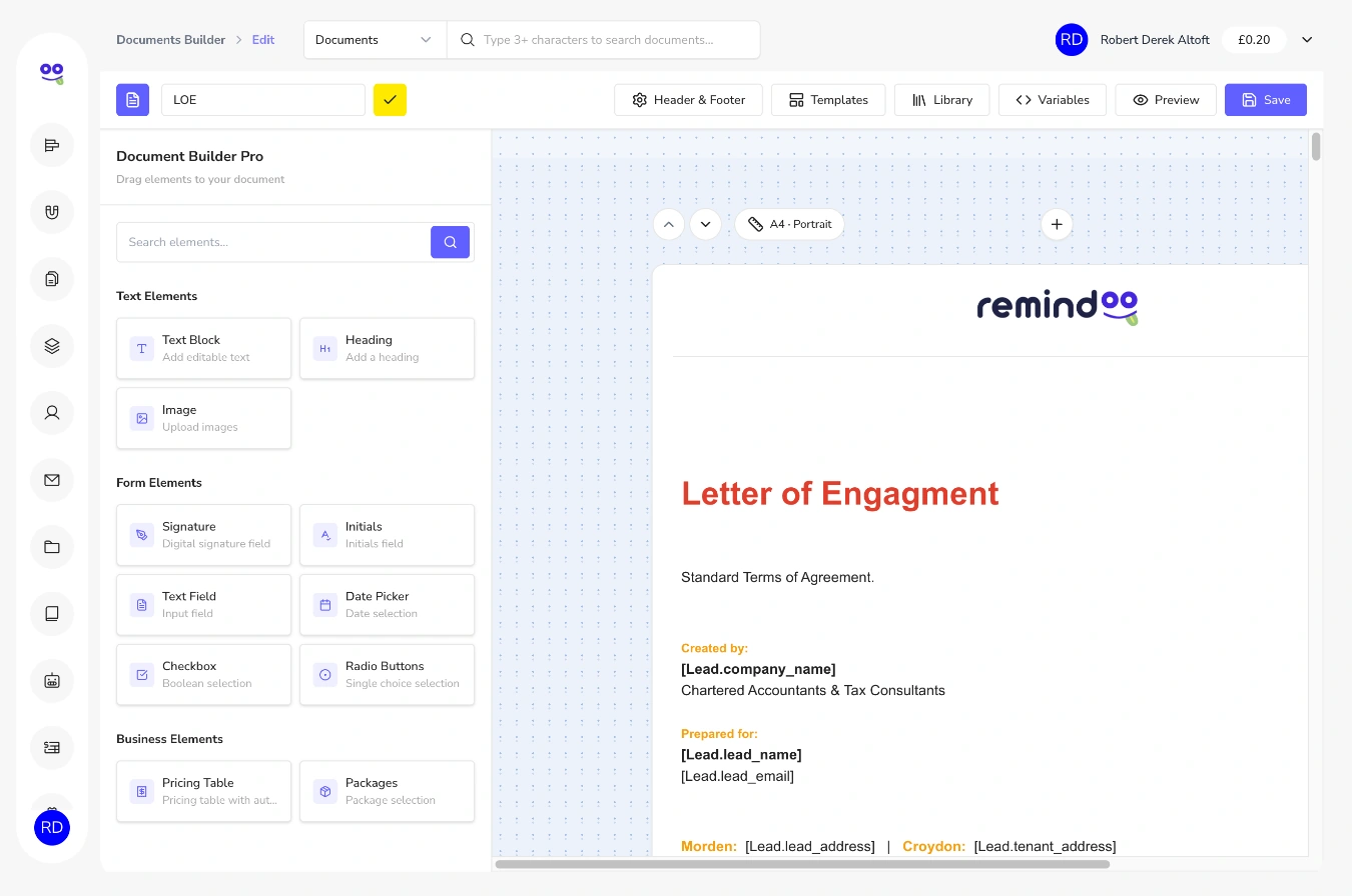 Remindoo Document Builder Pro with text, form and business elements next to a letter of engagement template