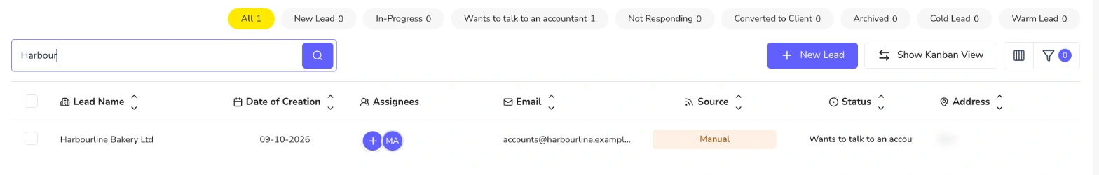 Leads search returning one matching lead with status tab counts updated