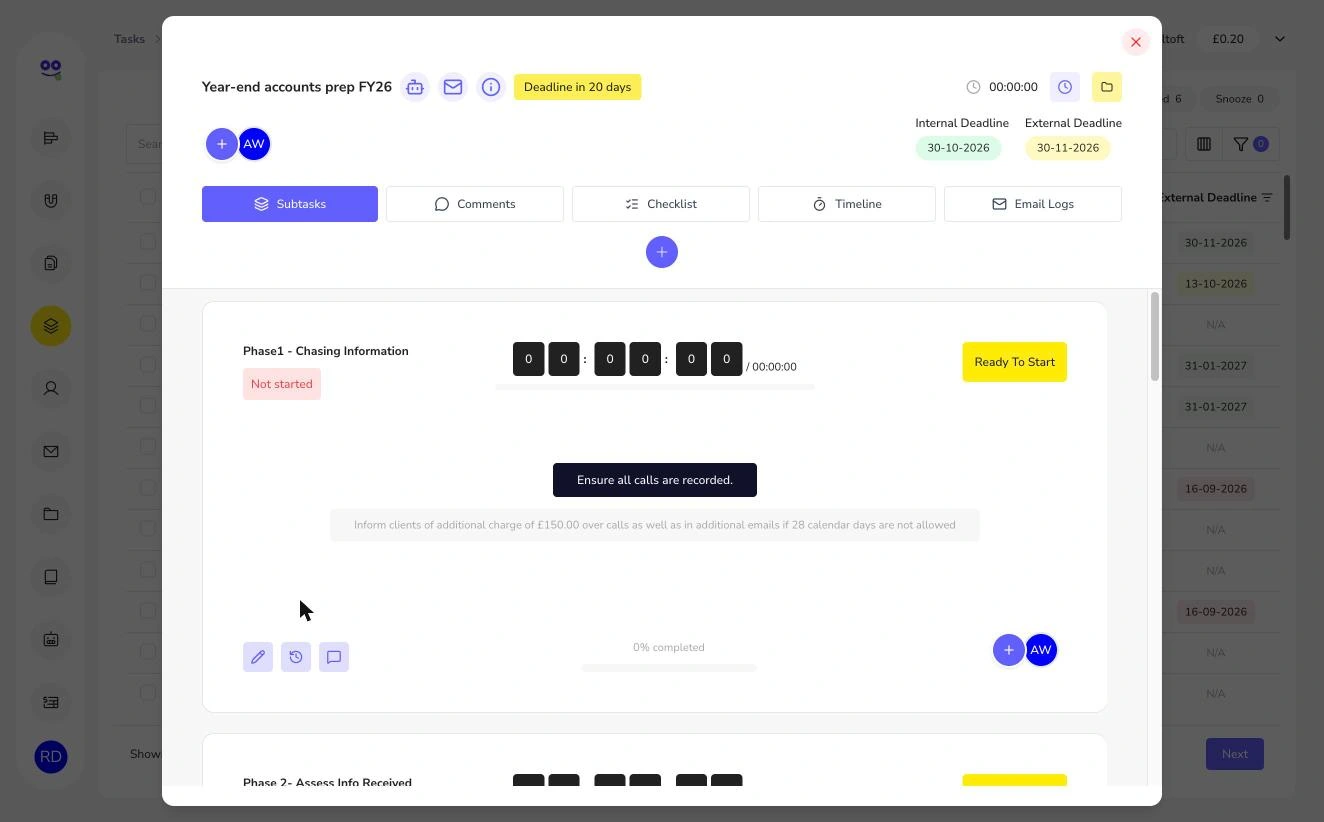 Task workspace with subtask card, timer and Ready To Start button