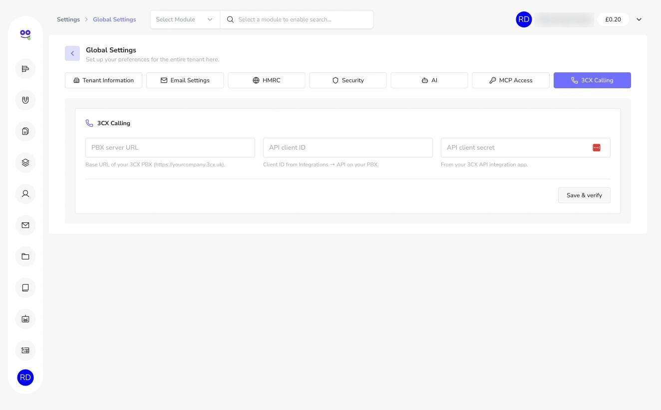 3CX calling integration settings