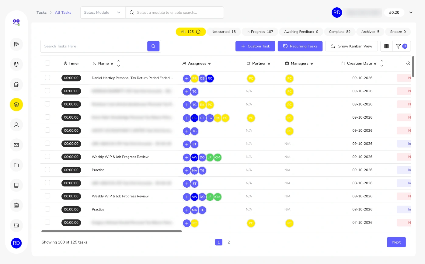 Remindoo task list with status tabs, timers, assignees, partner and managers