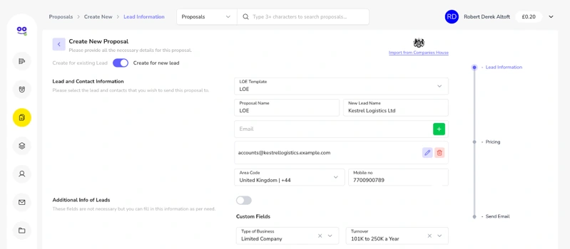 Create new proposal form for a new lead with template, lead name, email, mobile and custom fields