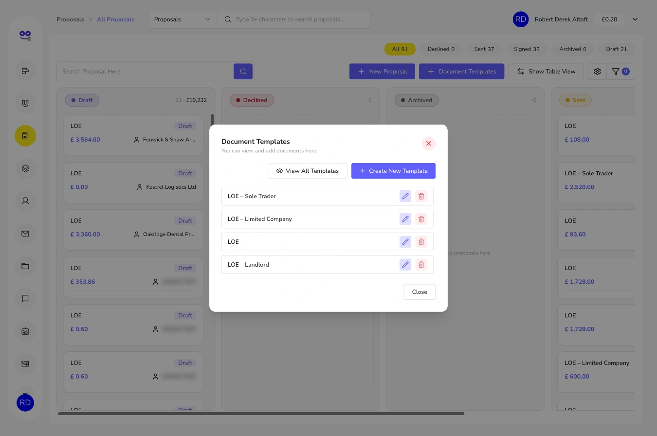 Document templates dialog listing letter of engagement templates for sole traders, limited companies and landlords
