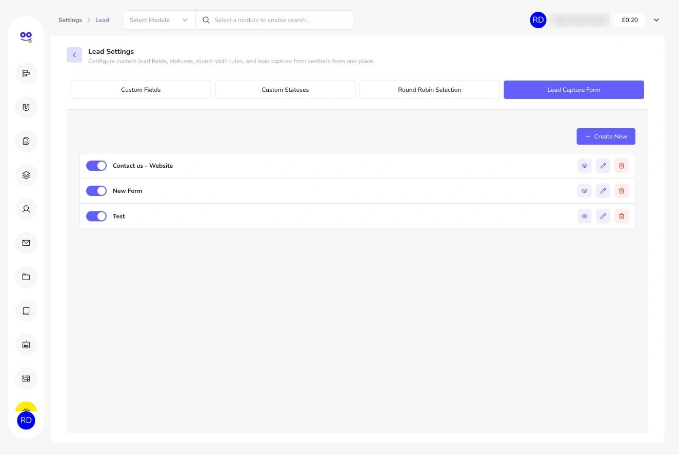 Lead capture forms list with toggles
