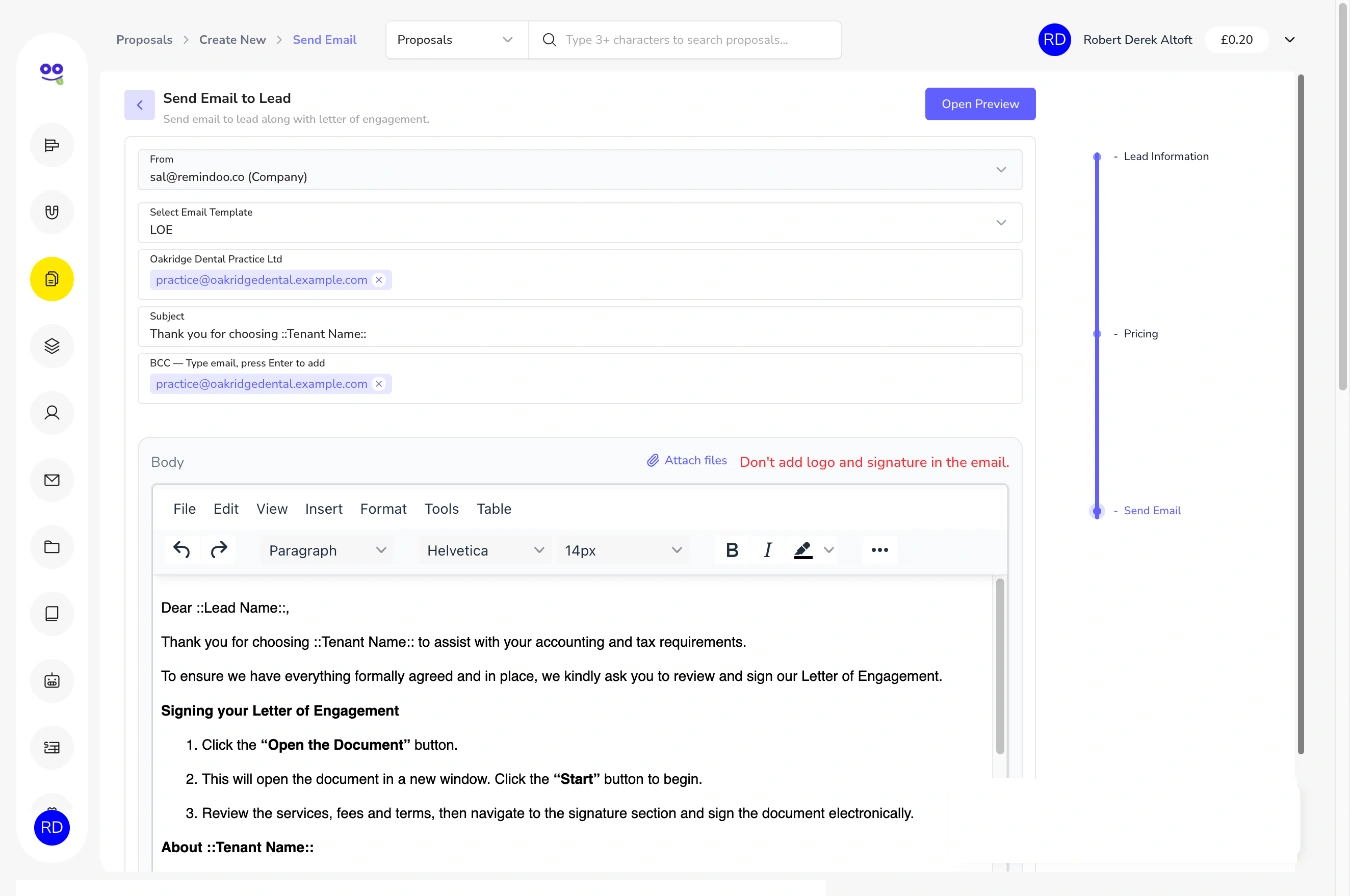 Send email to lead step with from address, email template, recipient, subject, BCC and email body explaining how to sign
