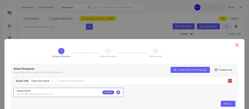 E-sign recipient selection with client contact