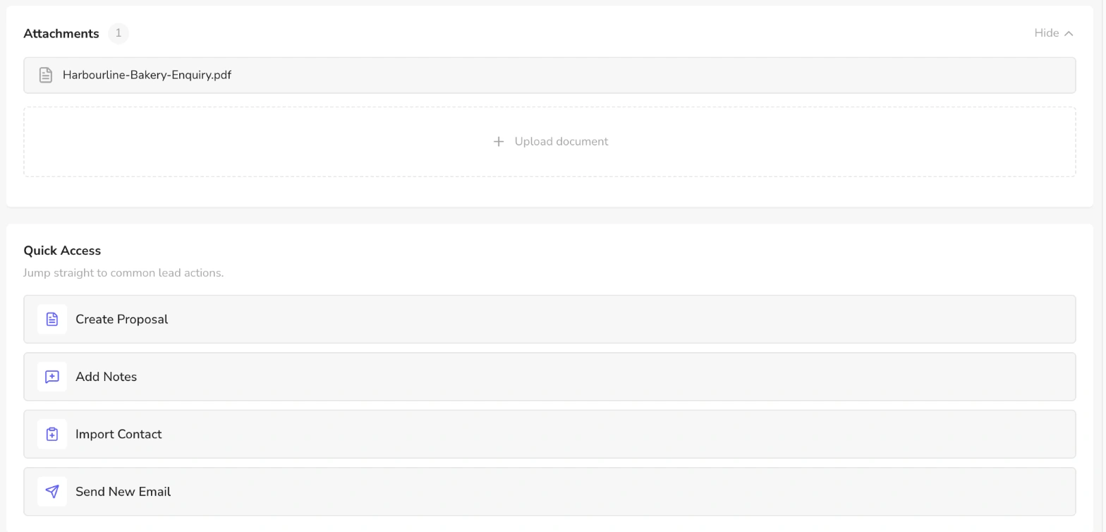 Lead attachments section with an uploaded PDF and quick access buttons for proposal, notes, import contact and email