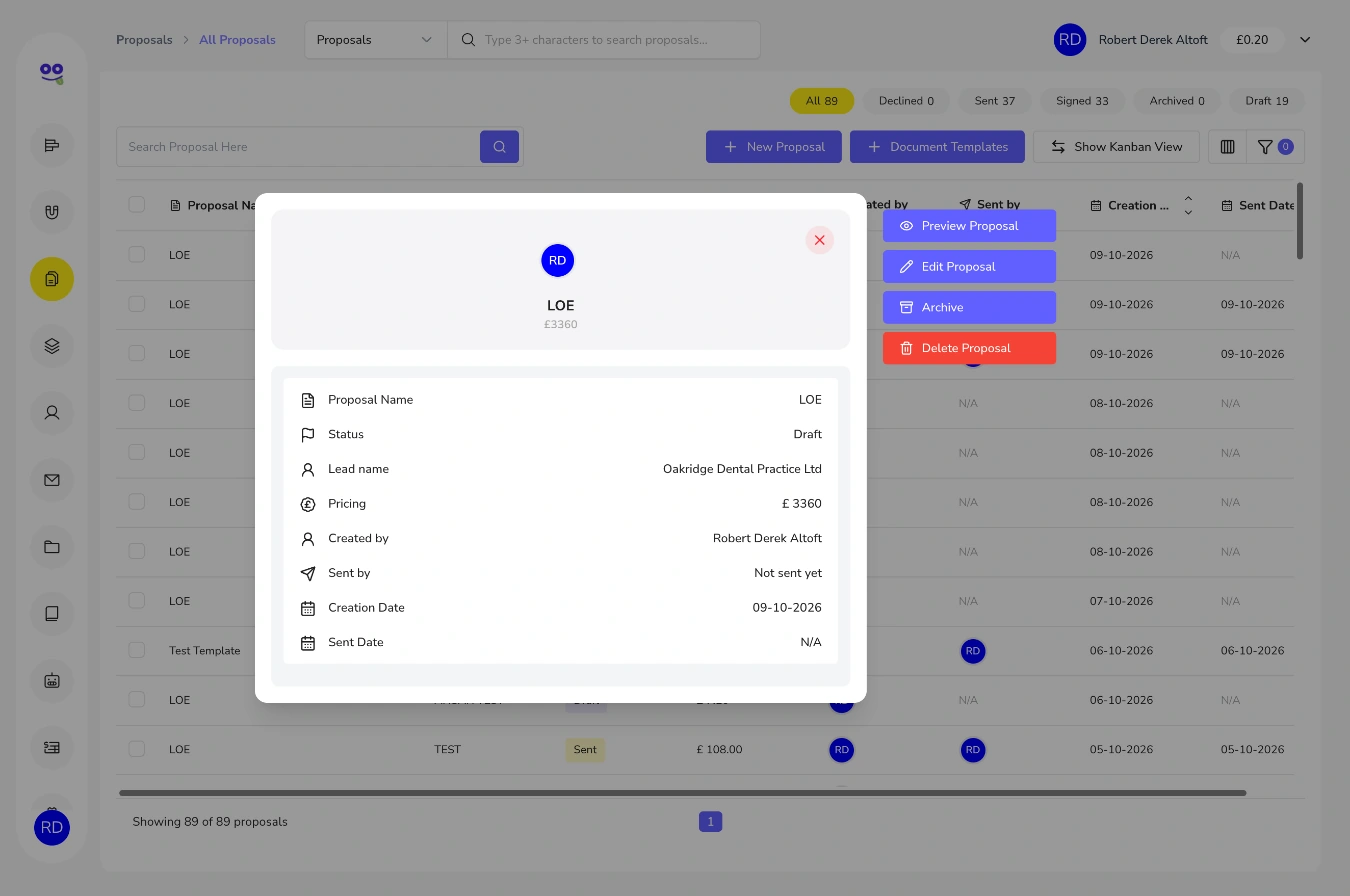 Proposal quick view showing status, lead, pricing and dates with preview, edit, archive and delete buttons