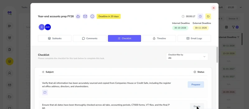 Task checklist with preparer, reviewer and approver sign-off options