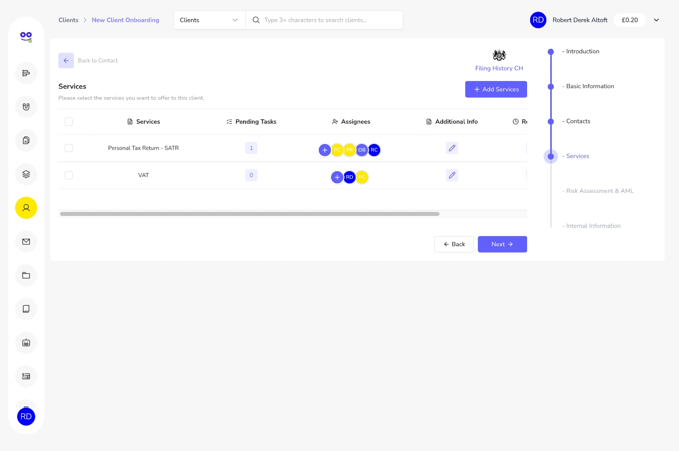 Add services manager in Remindoo: Client services table with pending tasks and assignees