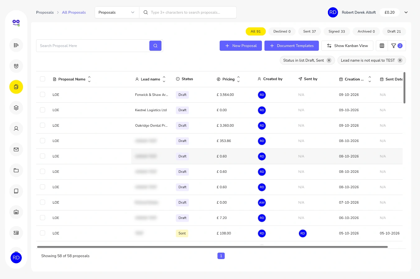 Filtered proposals list with filter chips for status and lead name