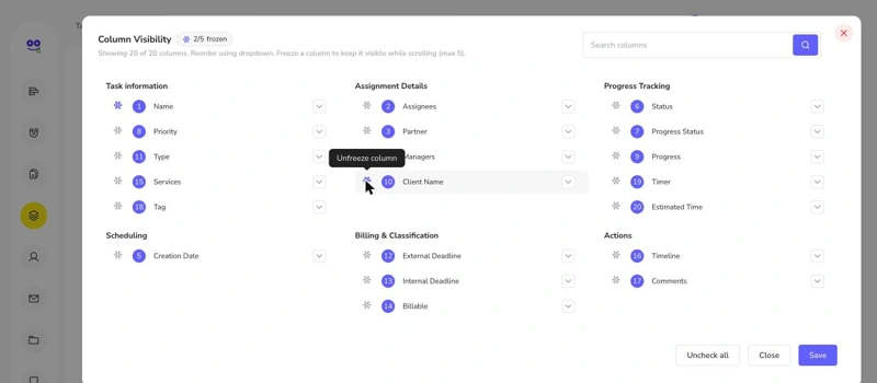 Column visibility dialog with grouped columns and freeze icons