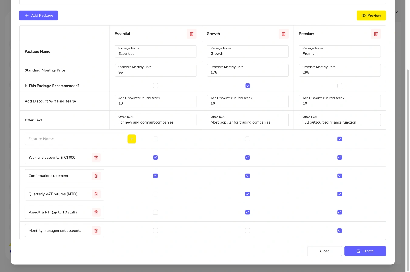 Group package builder with Essential, Growth and Premium packages, monthly prices, yearly discount and included features
