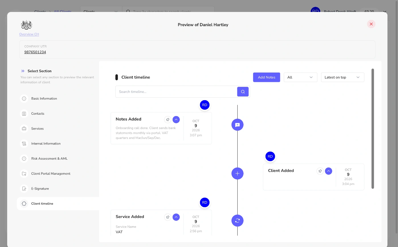 Centralise client information in Remindoo: Client timeline with notes added, client added and service added events