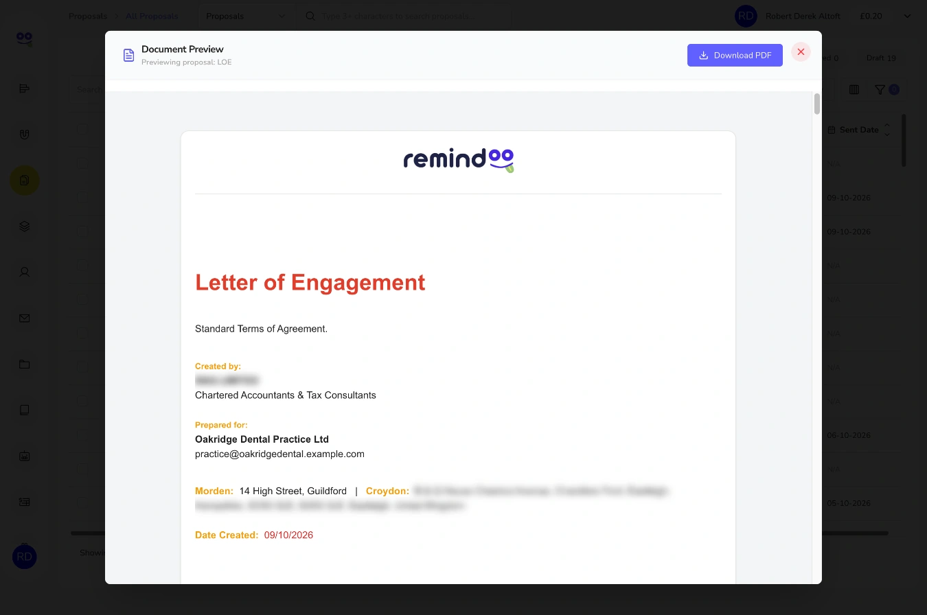 Document preview of a letter of engagement with a Download PDF button