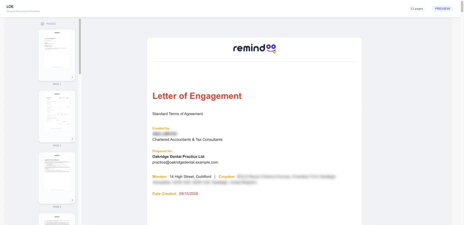 Client view of a shared letter of engagement with page thumbnails