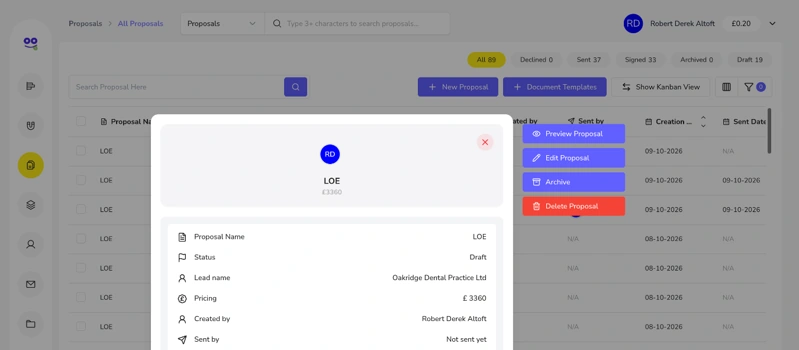 Proposal quick view showing status, lead, pricing and dates with preview, edit, archive and delete buttons