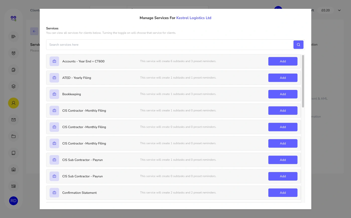 Add and delete multiple services in Remindoo: Manage services list with subtasks and reminders for each service