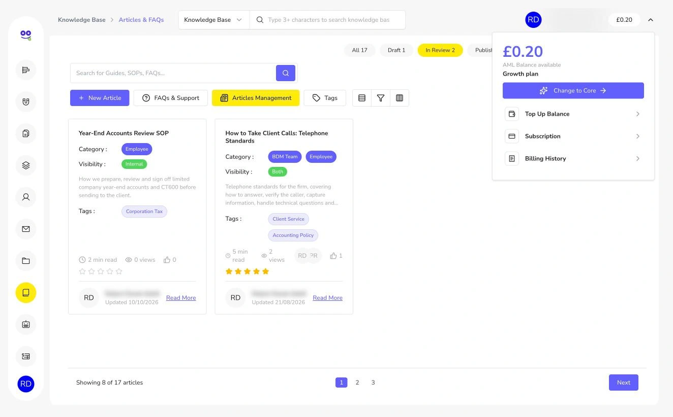 Account menu with AML balance, plan, top up, subscription and billing history