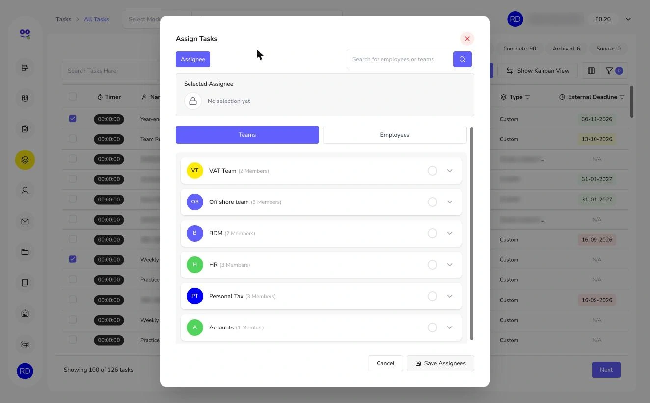 Assign and reassign tasks in Remindoo: Assign tasks dialog with teams