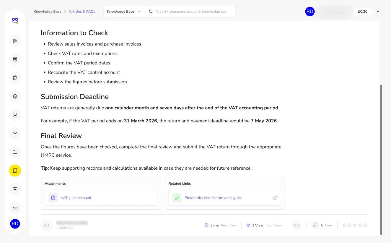 Article attachments, related links, views, likes and star rating