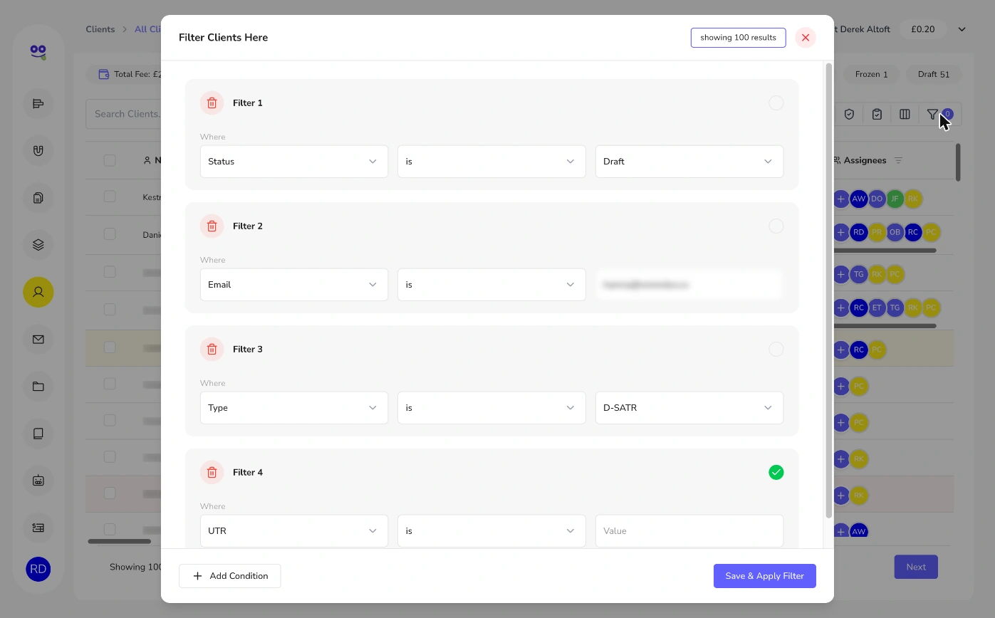 Filter clients dialog with conditions for status, email, type and UTR