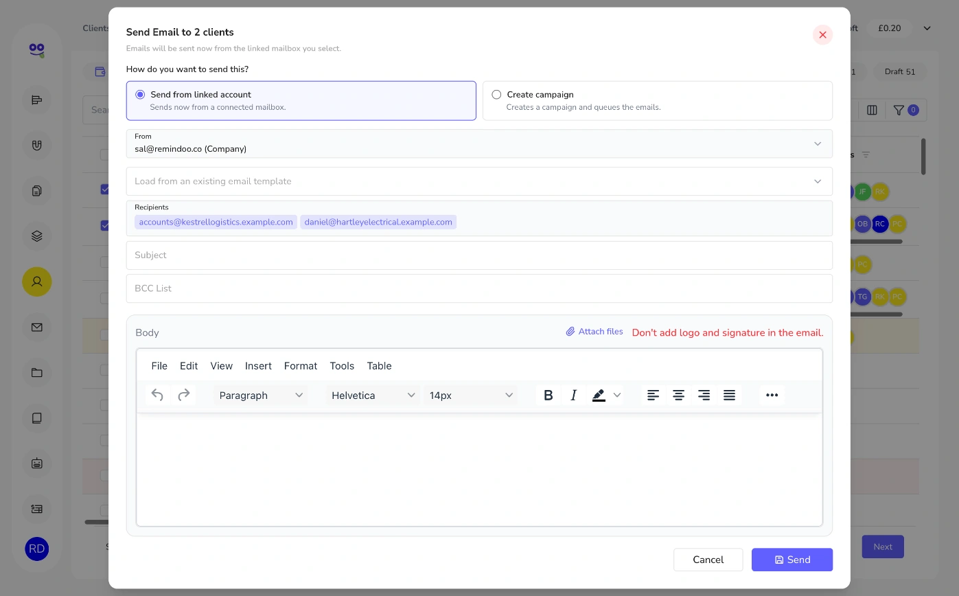 Send newsletters in Remindoo: Send email to two clients with linked account or campaign option, template, recipients and body