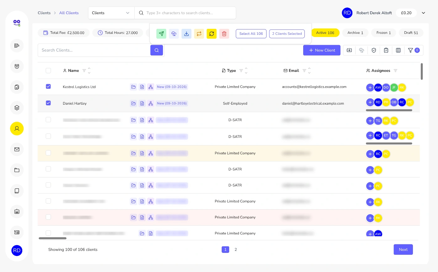 Bulk archive clients in Remindoo: Bulk action bar with email, Companies House sync, CSV export, reassign, change status and delete for two selected clients